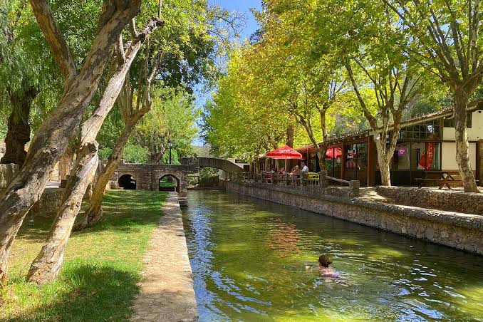 The stream at Alte running between plane trees, with a stone footbridge and cafe tables in the shade