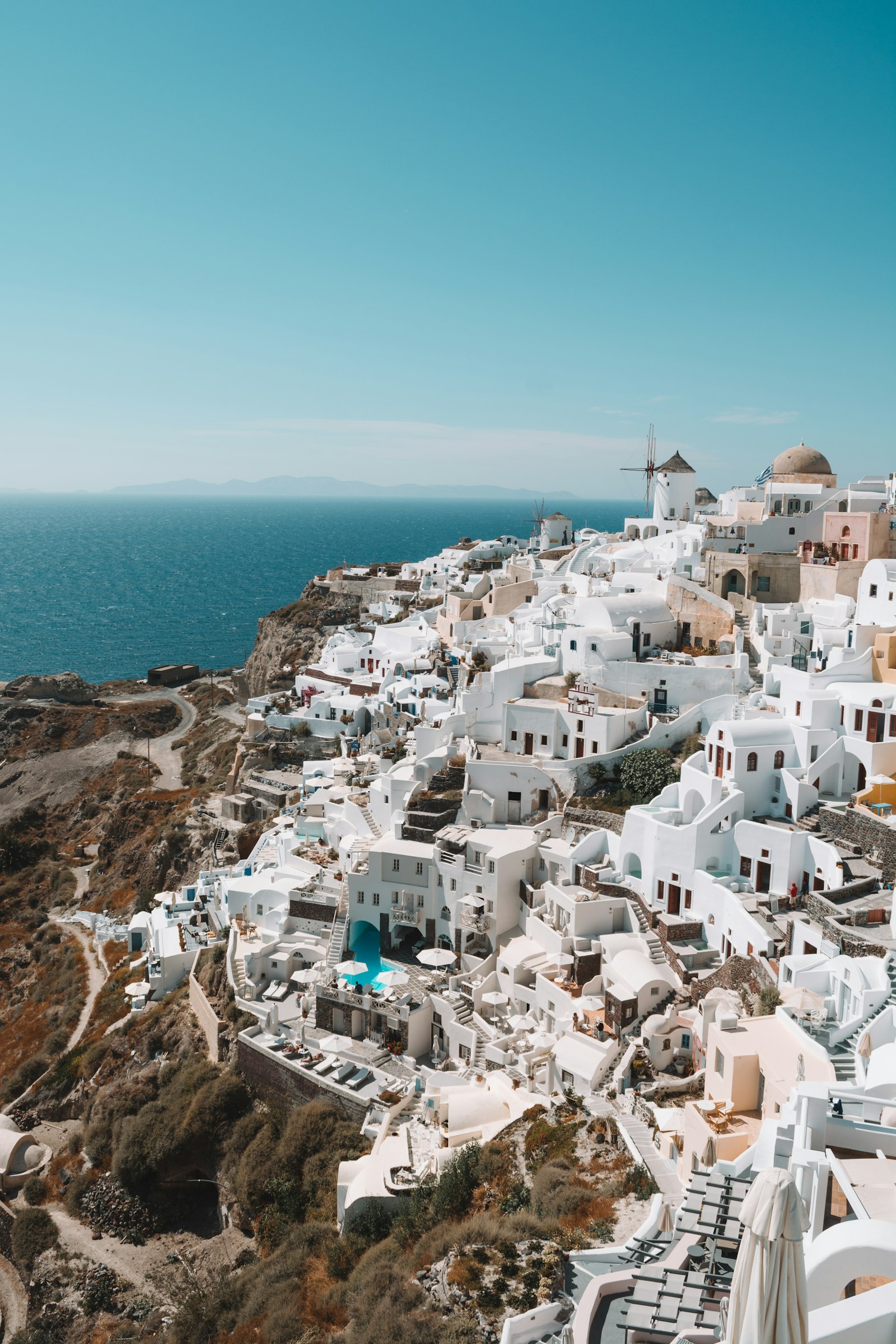 Whitewashed cliffside houses overlooking the Aegean Sea, Santorini, Greece